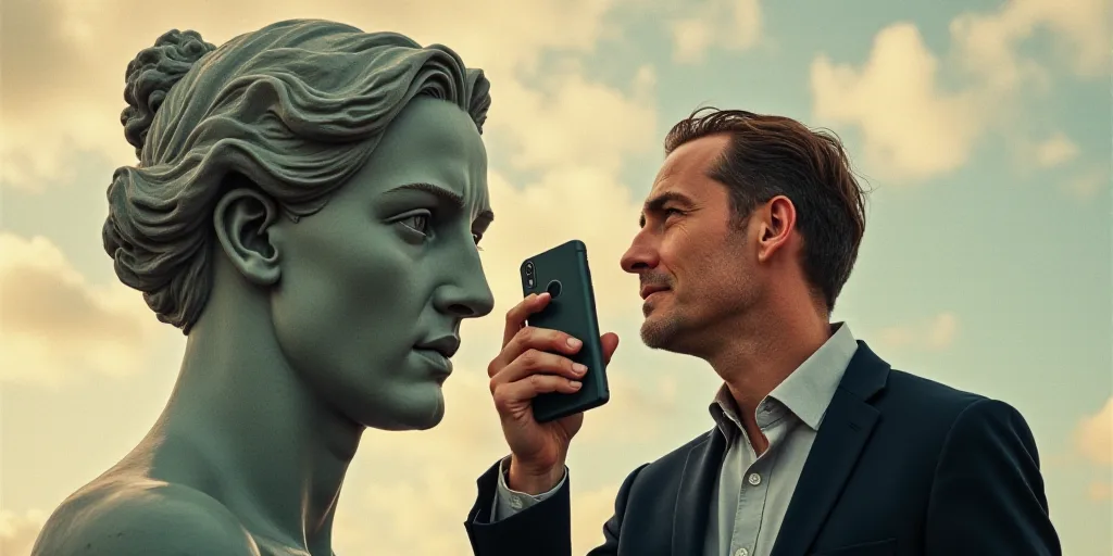 a person holding a phone up to their face with a statue in the background with hands holding a phone