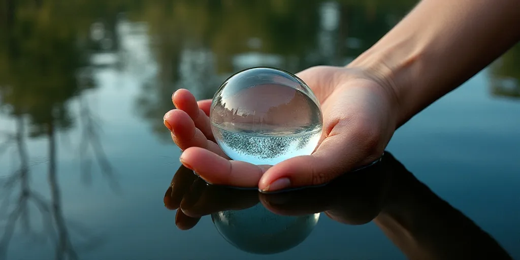 a person holding a piece of glass in their hands with water in the background and trees reflected in