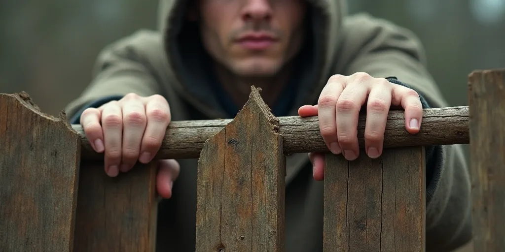 a person holding a piece of wood behind a fence with their hands on it and a piece of wood sticking