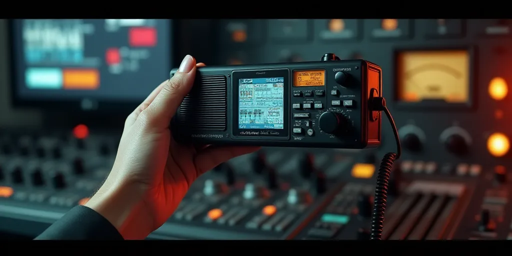 a person holding a radio in front of a control panel with other equipment in the background and a pe