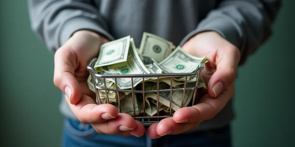 a person holding a shopping basket full of money in it's hands and a blue plastic object in the othe