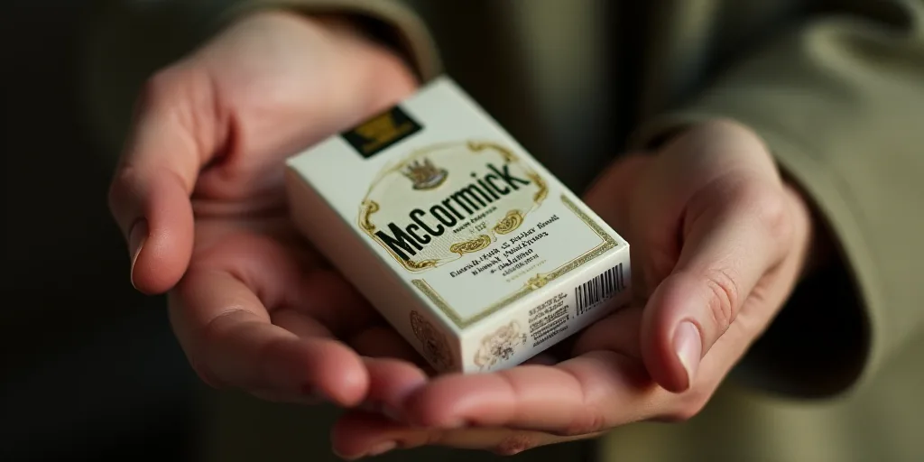 a person holding a small box of mccormick cigarettes in their hand, with the label on it, Christophe