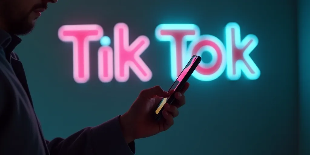 a person holding a smart phone in their hand in front of a tik tok logo on a wall, Carlos Trillo Nam