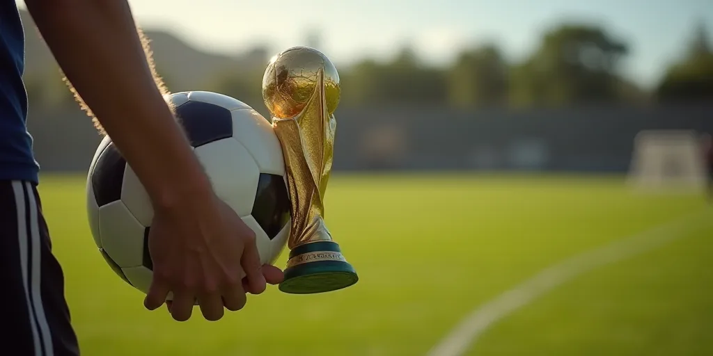 a person holding a soccer ball in their hand with a gold trophy in their hand on a soccer field, And