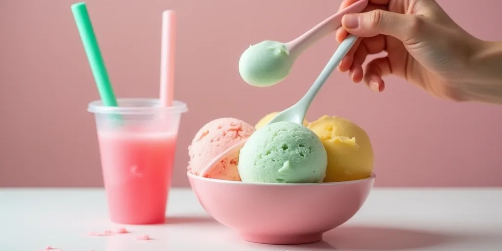 a person holding a spoon in a bowl of ice cream and water with a plastic spoon in it and a plastic c