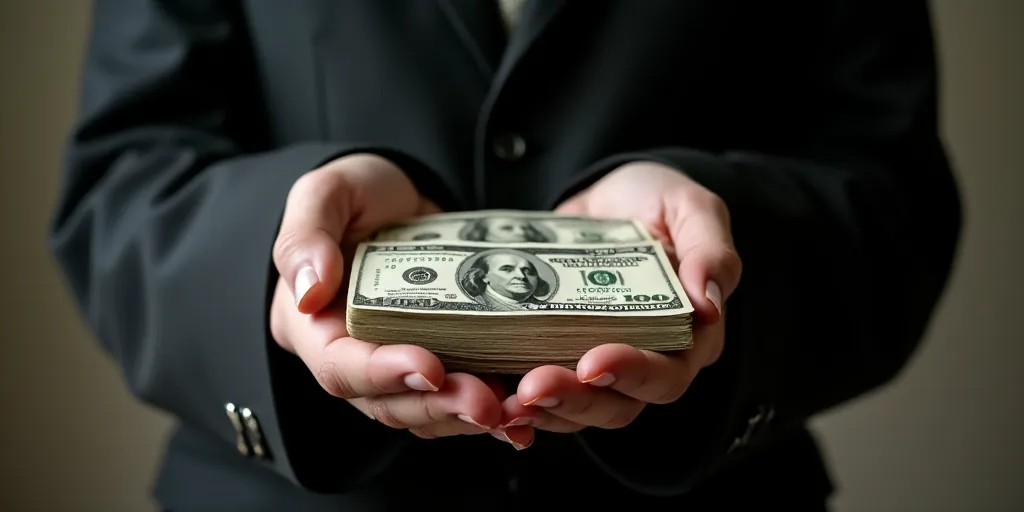 a person holding a stack of money in their hands and a black jacket on top of them and a black jacke