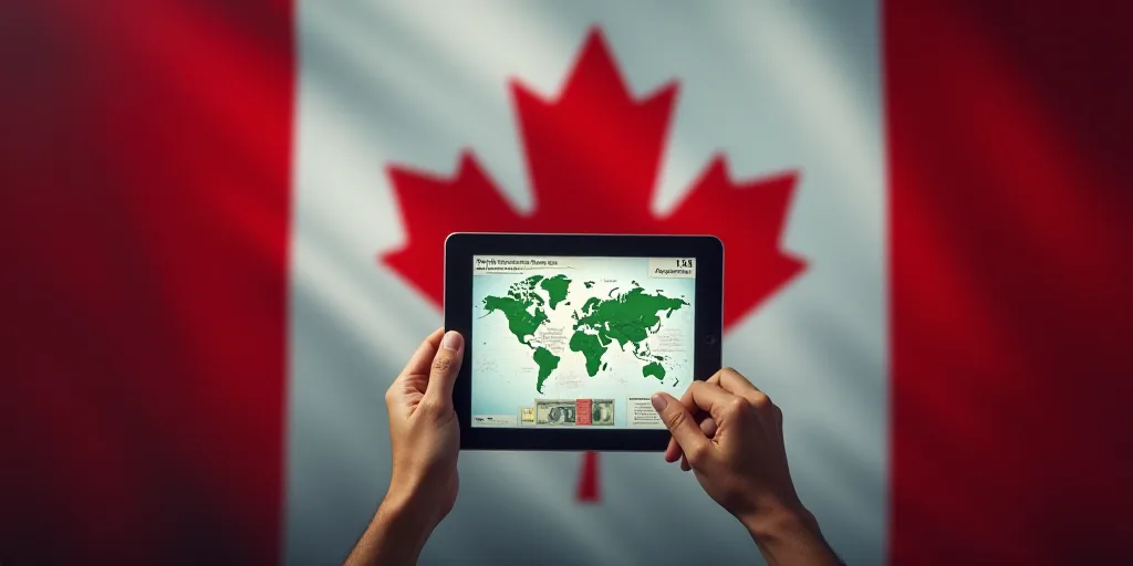 a person holding a tablet with a map on it and money in front of them, with a flag of canada behind