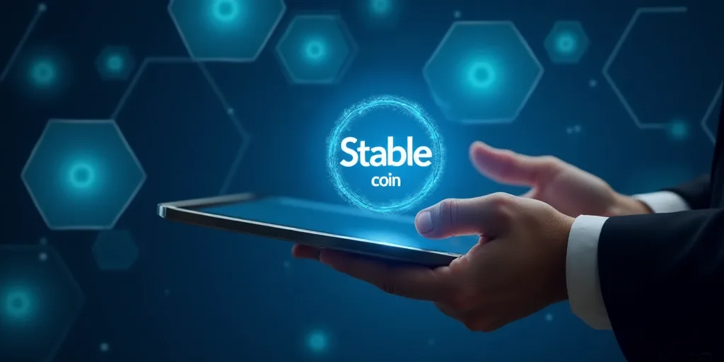 a person holding a tablet with the word stable coin on it in their hands and a blue background with