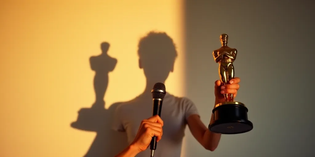 a person holding a trophy and a microphone in front of a shadow of a person holding a trophy and a m