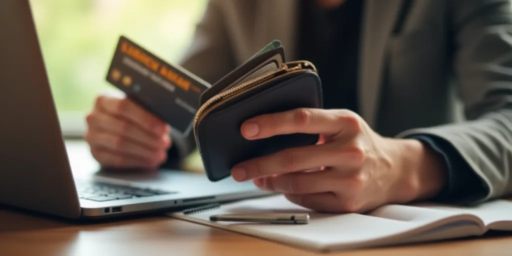 a person holding a wallet and a credit card in their hands while sitting at a table with a laptop, B