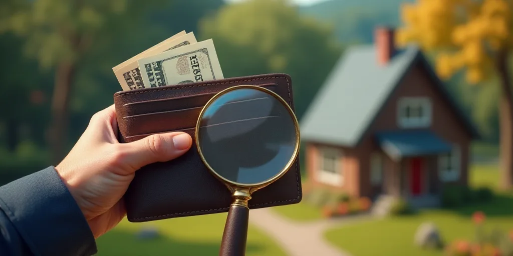 a person holding a wallet with money and a magnifying glass in front of them and a house, Andries St