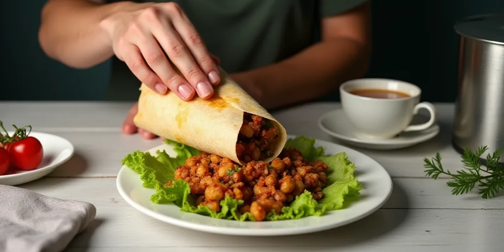 a person holding a wrap over a plate of food on a table next to a cup of tea and a trash can, Carpof