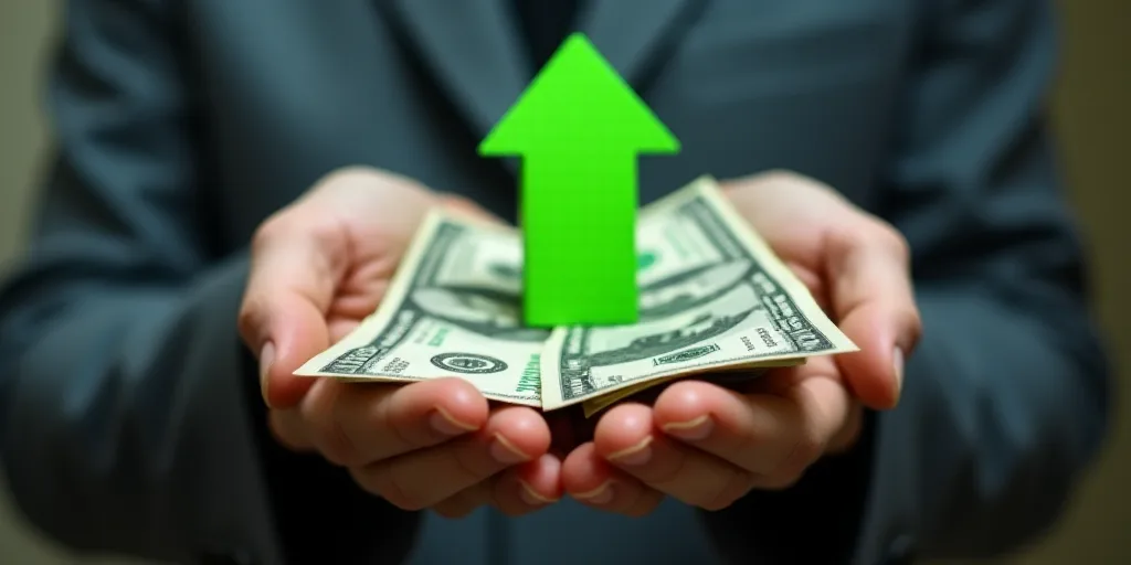 a person holding money in their hands with a green arrow pointing up to the dollar sign on top of it