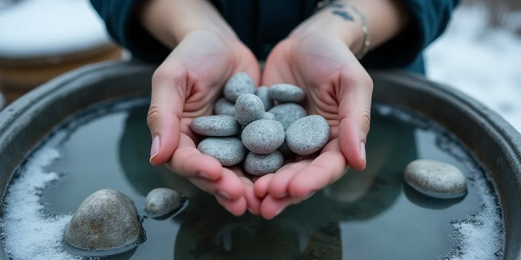 a person holding some rocks in their hands on a table with water and snow on it, and a few more rock