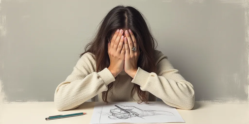 a person holding their hands over their face with a pen in front of them and a drawing of a person h