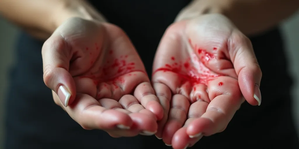 a person holding their hands with red spots on them and a hand with a white ring on it, with a perso