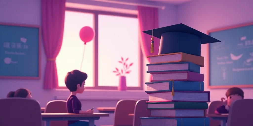 a person in a classroom with a stack of books and a balloon on top of them with a graduation cap on