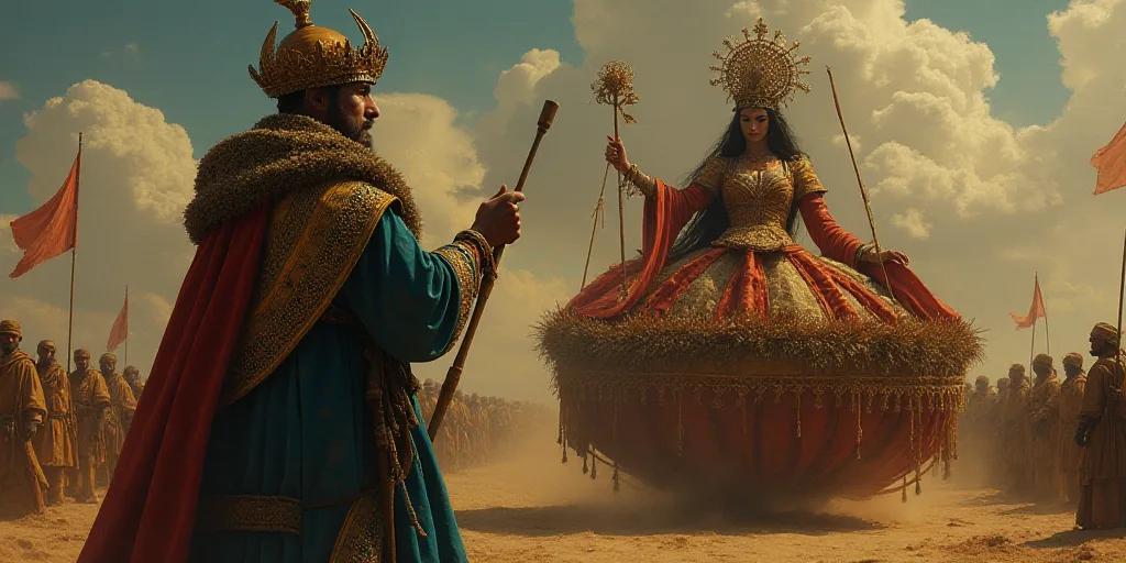 a person in a costume holding a stick in front of a float of a woman with a mask on, Bouchta El Haya