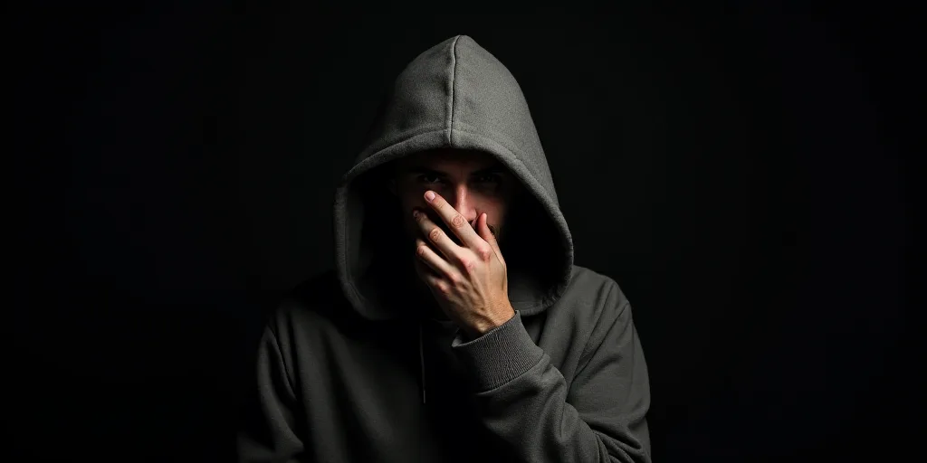 a person in a hooded jacket is holding their hand to their face and looking at the camera with a dar