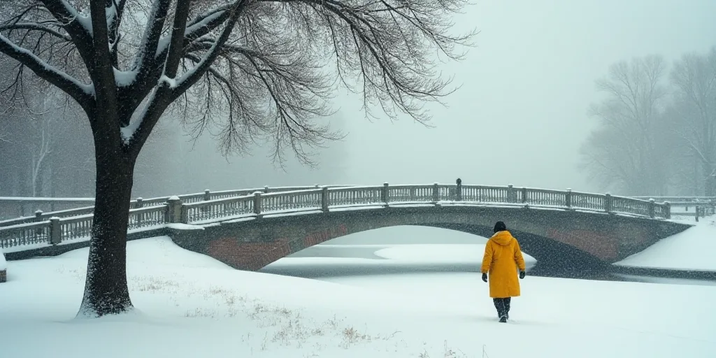 a person in a yellow coat is walking in the snow under a bridge and a tree with snow falling on it,