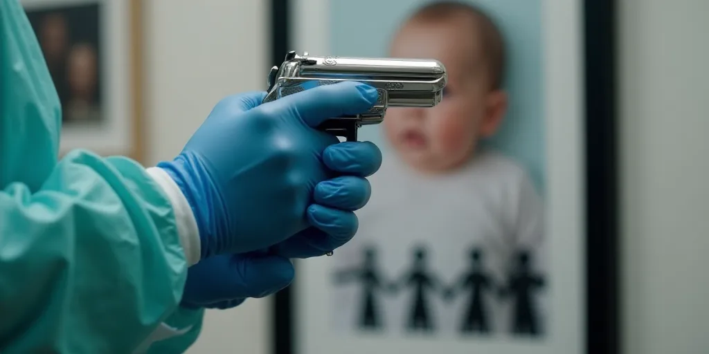 a person in blue gloves holding a sys in front of a picture of a baby and a group of people, David L