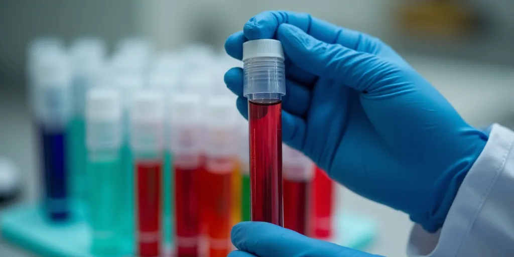 a person in blue gloves holding a tube of blood in front of a bunch of colored tubes of blood, Aquir