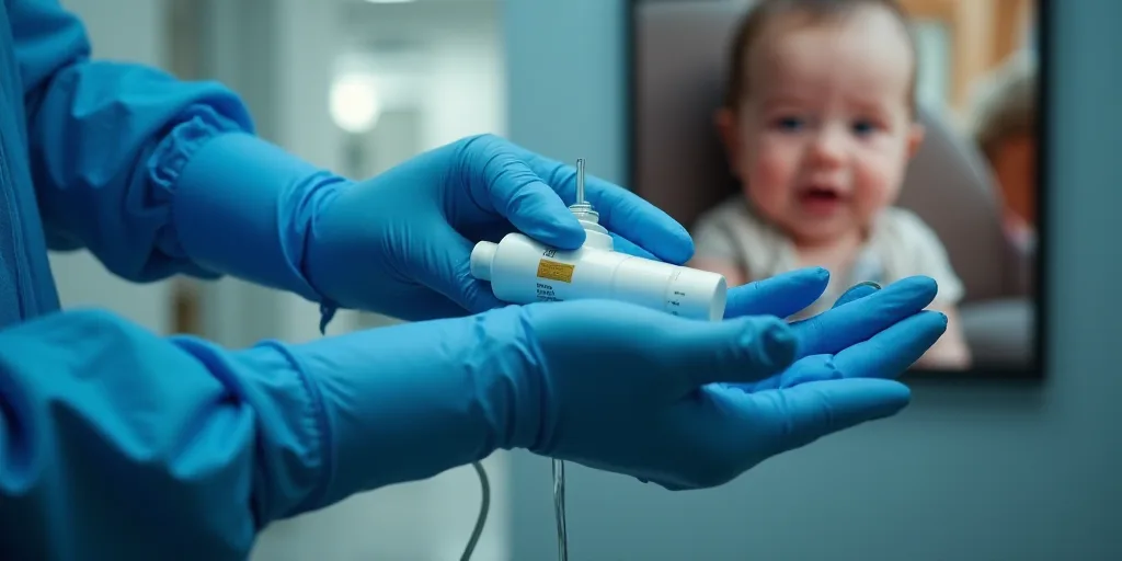 a person in blue gloves holding a sys in front of a picture of a baby and a group of people, Dahlov