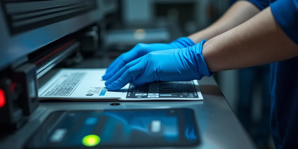 a person in blue gloves is operating a machine with a red light on it's side and a blue glove on his