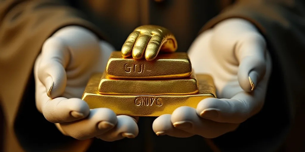 a person in white gloves is holding a stack of gold bars in their hands and a glove is on the top of