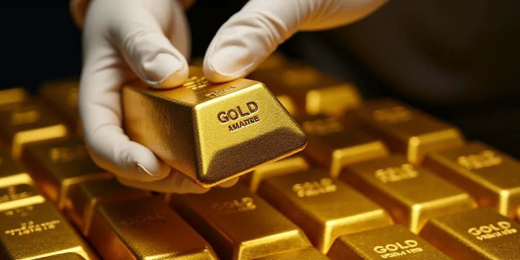a person in white gloves is holding a gold bar over a pile of gold bars and other gold bars, Andries