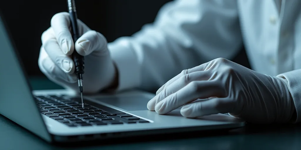 a person in white gloves working on a laptop computer with a screwdriver and a soldering tool, Andri