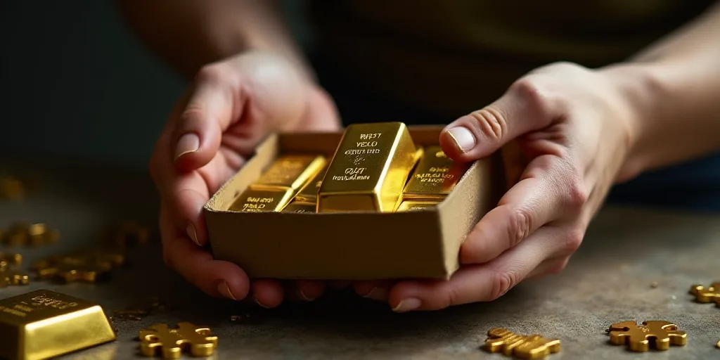 a person is holding a box of gold bars in their hands and a few of them are on a table, Andries Stoc