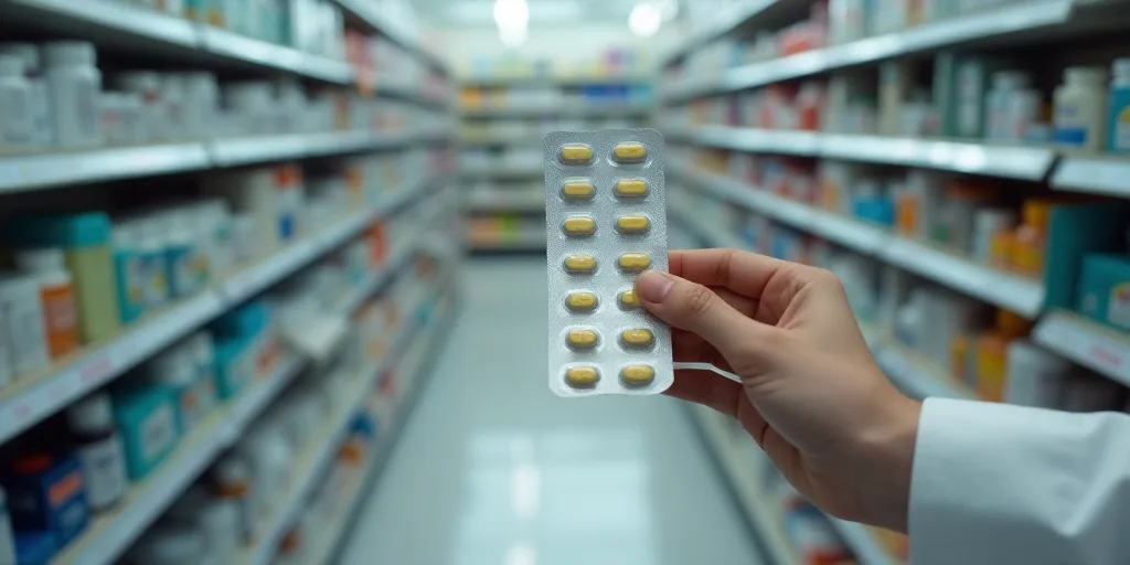 a person is holding a pack of pills in a pharmacy store aisle with shelves of medicine and medicine
