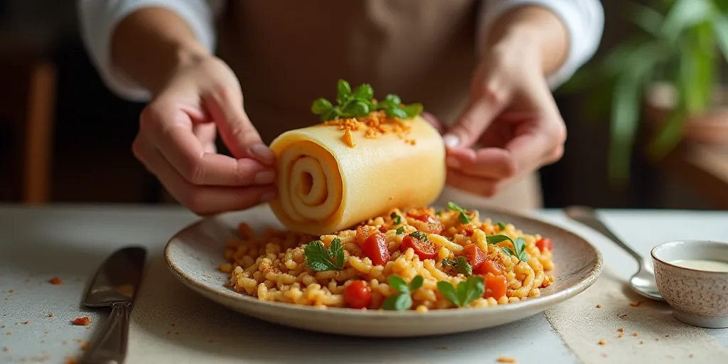 a person is putting a roll of food in a container on a table with a plate of food on it, Bouchta El