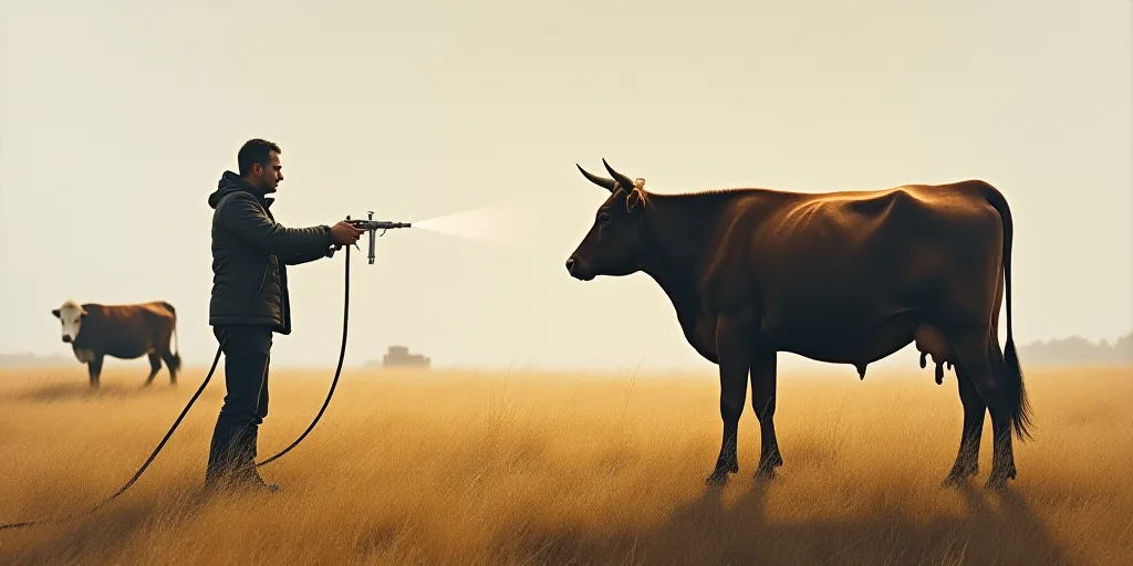 a person is spraying a cow with a hose in a field with a cow in the background and a cow in the fore