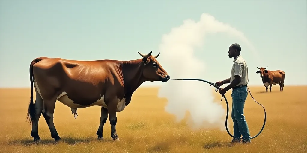 a person is spraying a cow with a hose in a field with a cow in the background and a cow in the fore