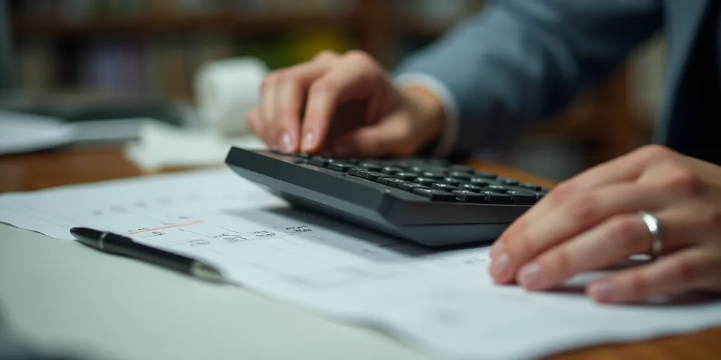 a person is using a calculator on a desk with papers and a pen and paper towel on top of it, Evelyn