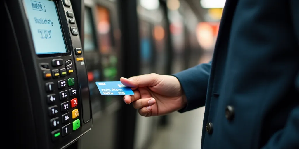 a person is using a credit card machine to pay for a ticket or a ticket card or a ticket, Andries St