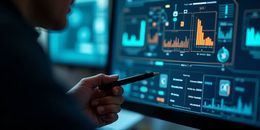 a person is working on a computer screen with icons and symbols on it and a person is holding a pen,