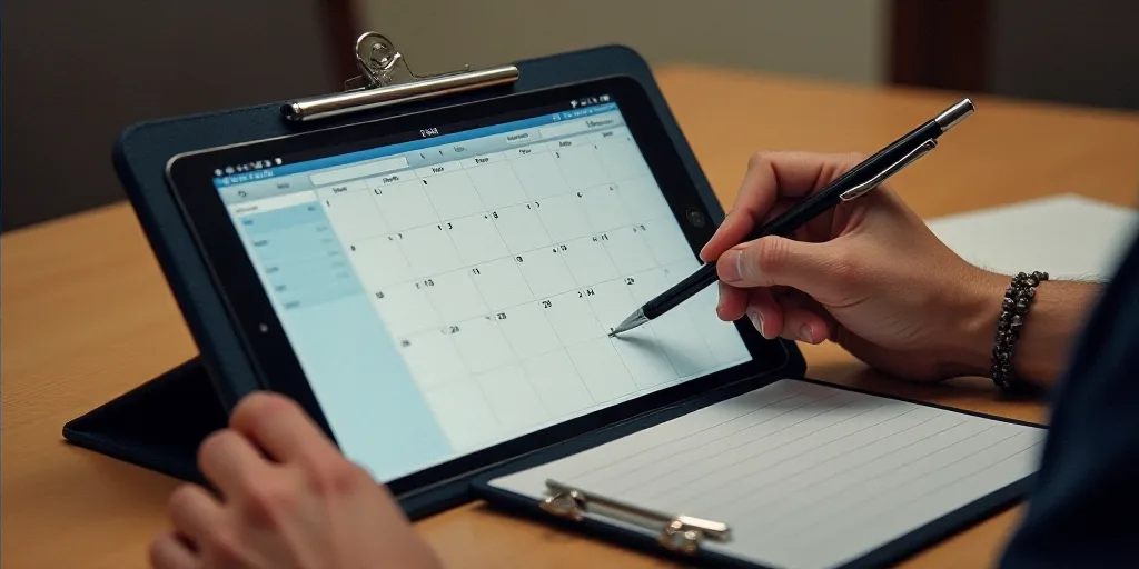 a person is writing on a calendar on a tablet computer with a pen and a clipboard attached to it, Cl