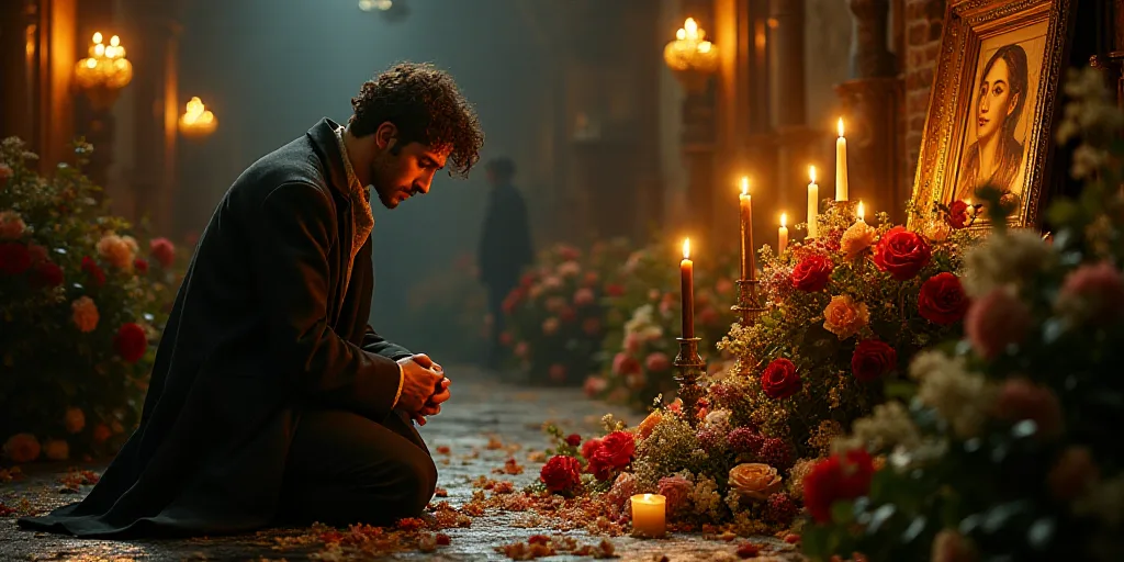 a person kneeling down in front of a bunch of flowers and candles with a picture of a person on it,