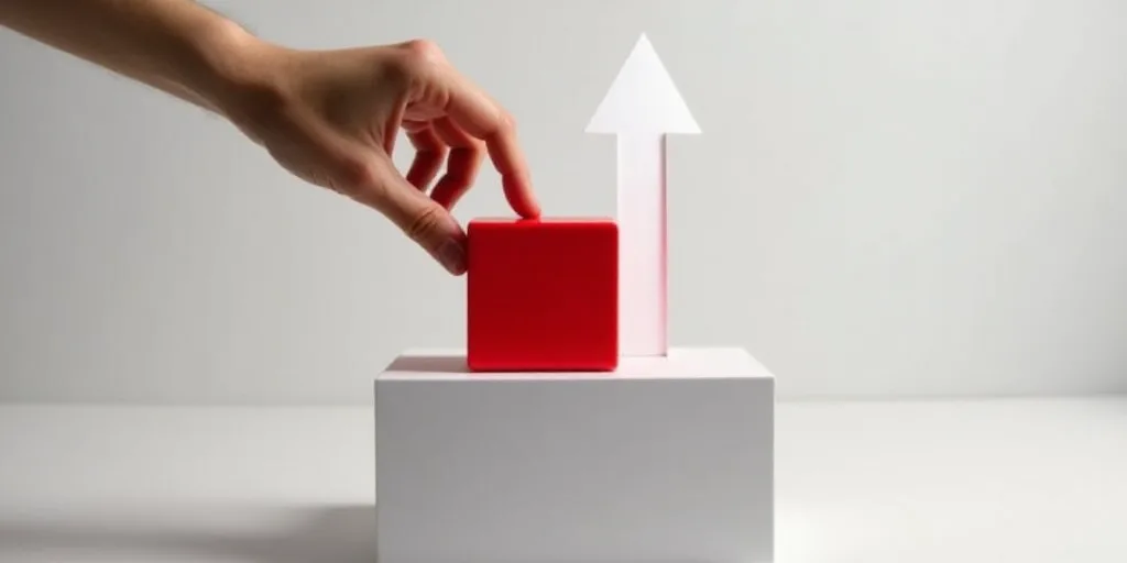 a person placing a red block on top of a building with a white arrow pointing up at it and a red blo
