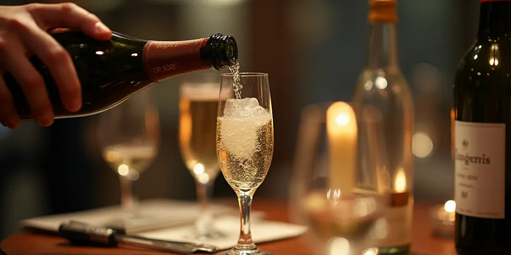 a person pouring champagne into a glass filled with liquid and ice cubes on a table with other glass