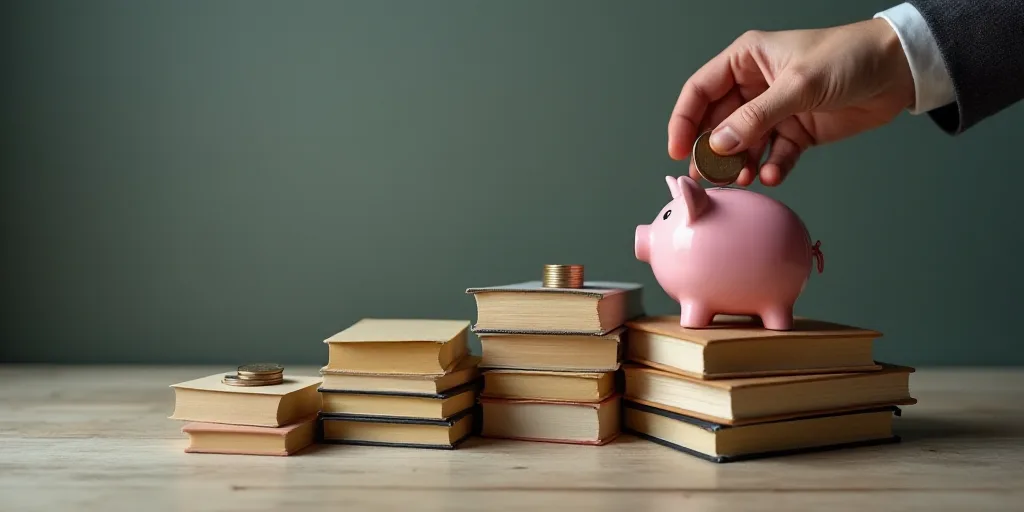 a person putting a coin into a piggy bank on top of a pile of books and stacks of books, Évariste V