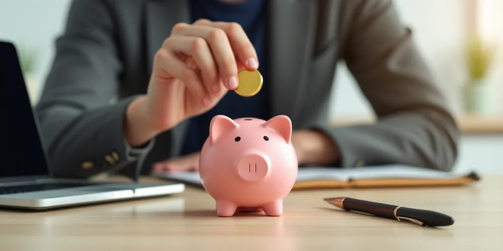 a person putting a coin into a piggy bank on a table with a laptop and a pen in front of them, Andri