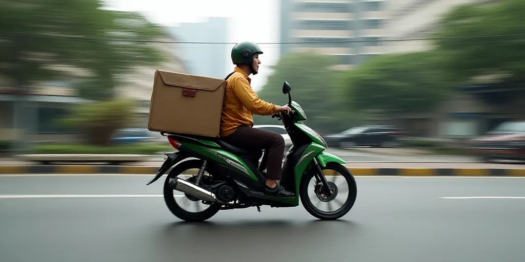 a person riding a motorcycle down a street with a delivery bag on the back of it's back, Ding Guanpe