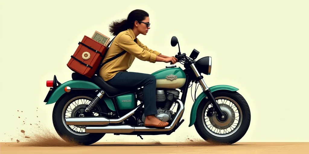 a person sitting on a motorcycle with a book and a bag on it's back and a logo on the back of the ba