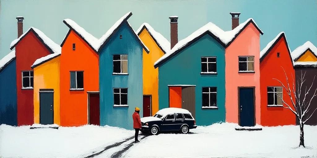 a person standing in front of a row of colorful houses in the snow with a car parked in front of the