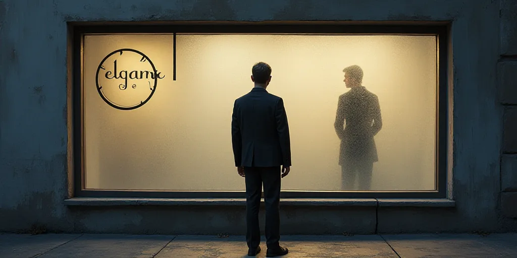 a person standing in front of a window with a logo on it and a person in the background behind it, A