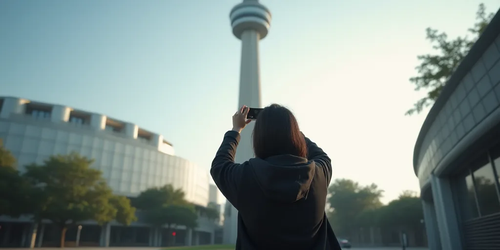 a person taking a picture of themselves with a cell phone in front of a building with a tall tower,